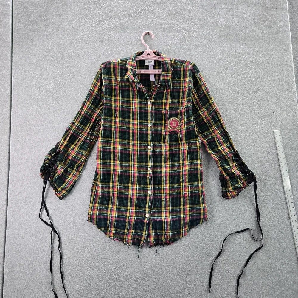 Savage X Fenty Women Sleepwear‎ Green Plaid Flannel Sleepshirt Long Sleeve